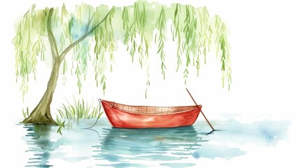 A kawaii watercolor of a small boat floating on a calm pond, surrounded by weeping willows, Clipart isolated on white