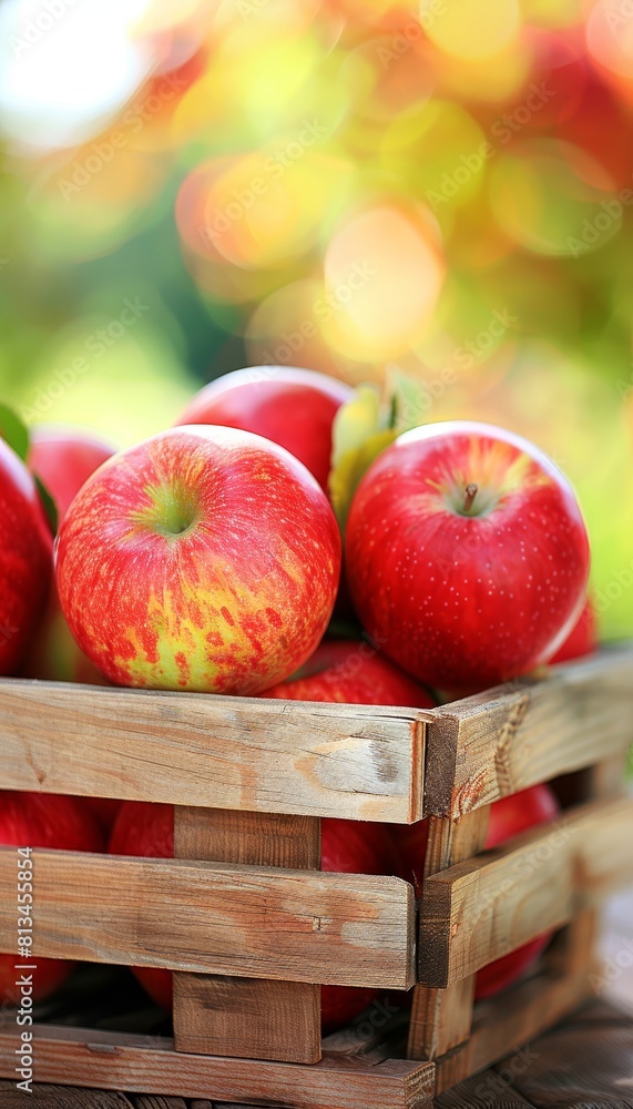Poster fresh organic ripe apples in wooden crates at warehouse with blurred background and space for text