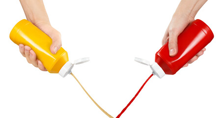 Hands squeezing ketchup and mustard out of plastic bottles, cut out