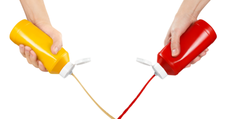 Hands squeezing ketchup and mustard out of plastic bottles, cut out
