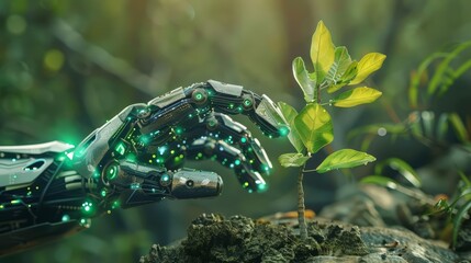 A robotic hand plants a tree, its circuits glowing with the promise of a greener future, blending advanced robotics with environmental conservation