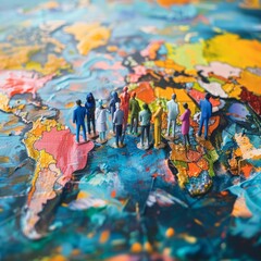 A small group of painted figures representing diverse industries stand on a global map, symbolizing international business connections and trade