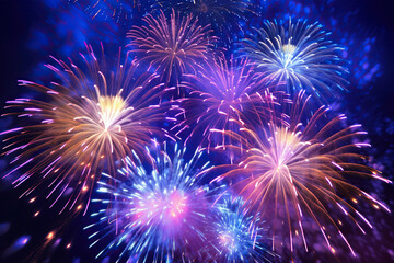 Fototapeta premium Generative ai on theme festive brightly fireworks on twilight background high in dark sky