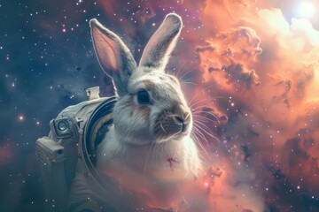 A surreal portrait of a rabbit in astronaut gear floating in a cosmic setting, blending reality with fantasy, ideal for a creative banner with copy space
