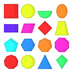 Geometric shapes icon set vector isolated. Collection of colorful 2D shapes. Square, octagon and oval. Concept of school, geometry and education.