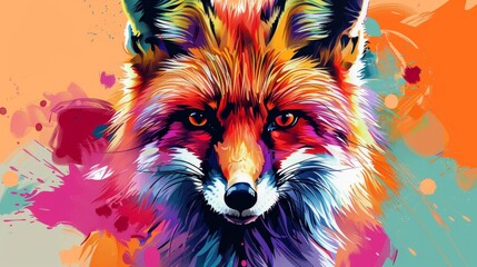 Capture the essence of a wild fox with vibrant, exaggerated colors in a pop art style Showcase its cunning eyes and fluffy fur with a comic book flair