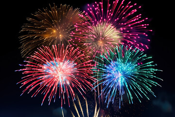 Fototapeta premium Generative ai on theme festive brightly fireworks on twilight background high in dark sky
