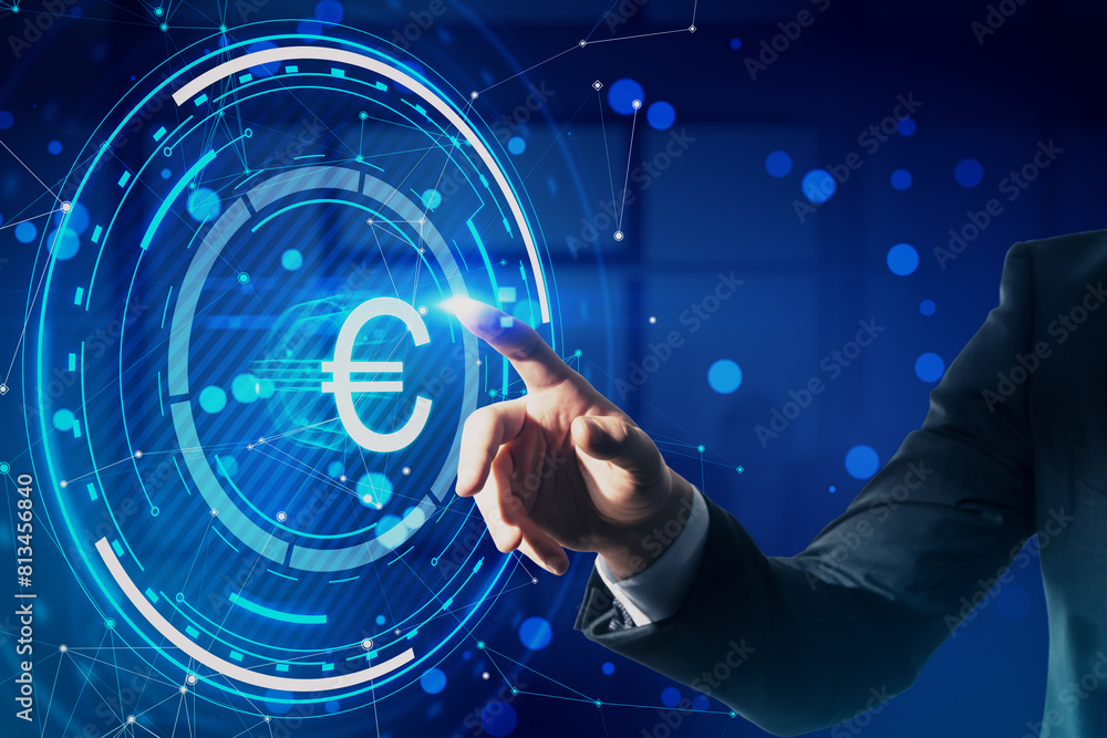 Poster close up of male hand pointing at glowing round euro hologram with polygonal mesh and bokeh circles 