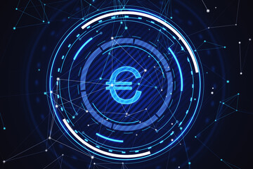 Glowing round euro hologram with polygonal mesh and bokeh circles on blurry blue background. Digital banking, money and finance concept. 3D Rendering.