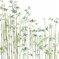 Obraz premium Watercolor painting of a serene bamboo forest with tall, slender stalks swaying in the breeze, on isolated white background, Generative AI 