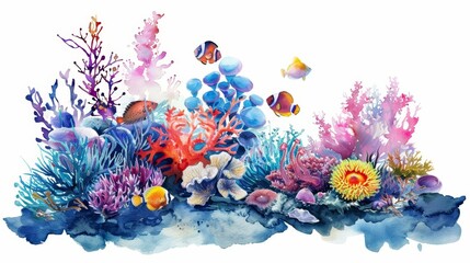 A watercolor depicting a bustling coral reef with colorful fish and anemones, perfect for an ocean lovers collection, Clipart isolated on white