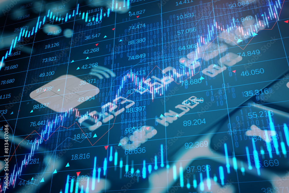 Poster Close up of bank card and laptop keyboard with creative candlestick forex chart with index on dark backdrop. Trade, finance and stock exchange concept. Double exposure.