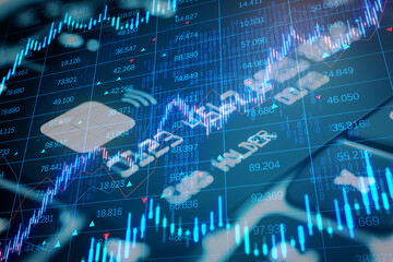 Close up of bank card and laptop keyboard with creative candlestick forex chart with index on dark backdrop. Trade, finance and stock exchange concept. Double exposure.