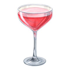 Red cocktail in glass goblet watercolor illustration isolated on white. Hand drawn delicious alcoholic drink for summer made of watermelon, strawberry or cherry. Daiquiri in realistic style
