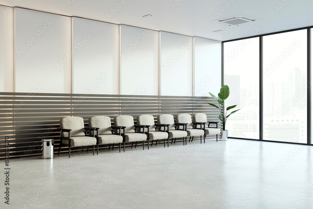 Aufkleber Spacious waiting room in a modern office with rows of chairs and floor-to-ceiling windows. 3D Render
