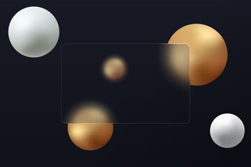 Glass morphism background. Glass banner made of clear frosted glass with gold and white spheres on a black background.