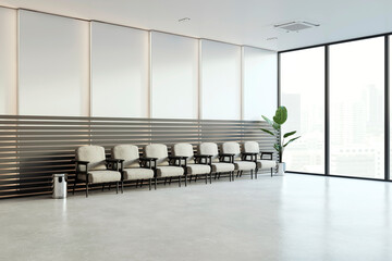 Spacious waiting room in a modern office with rows of chairs and floor-to-ceiling windows. 3D Render