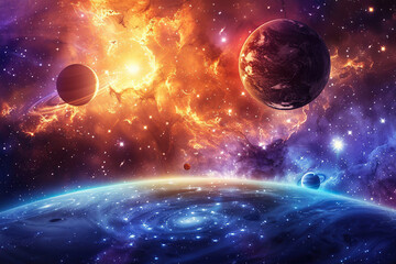 Generative ai on theme of parade of planets in solar system, bright stars glow in atmosphere