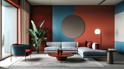 A modern living room with blue and red walls, featuring contemporary furniture like a grey sofa, an armchair in maroon fabric