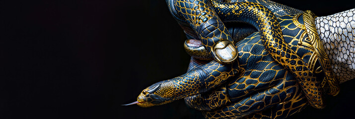 Fototapeta premium Snake Illusion: Hand Painted to Resemble a Serpent with a Finger as the Head. Black background, banner.