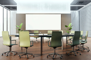 Modern concrete meeting room interior with empty white mock up banner, round table, window and city view. Boarding room concept. 3D Rendering.