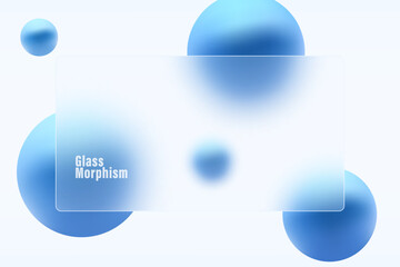 Glass morphism website landing page template. Frosted glass partition with floating blue spheres.