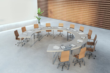 Contemporary concrete meeting room interior with round table. Boarding room concept. 3D Rendering.