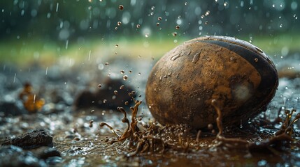 Muddy Rugby Ball in Rain