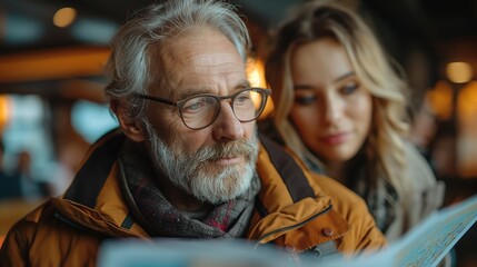 Elderly Man and Young Woman Reading Map