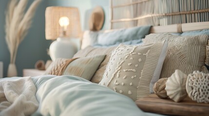 coastal-inspired bedroom decor, featuring a soft color palette of blues and whites, nautical accents, and natural textures like rattan and driftwood, evoking a serene seaside 