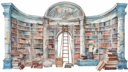 A watercolor of an ancient library filled with tall, stacked books and a ladder, Clipart isolated on white