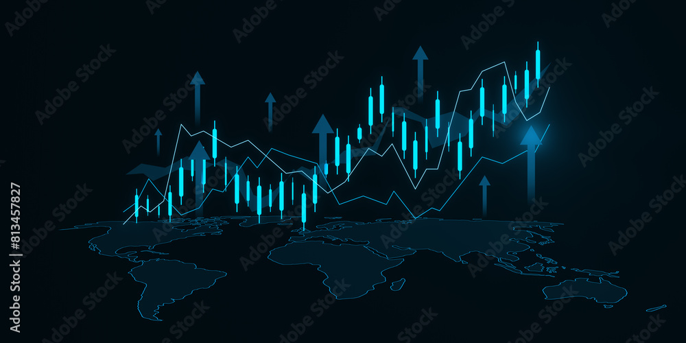 Poster Abstract glowing growing forex chart with arrows on dark texture. Financial growth and stock concept. 3D Rendering.
