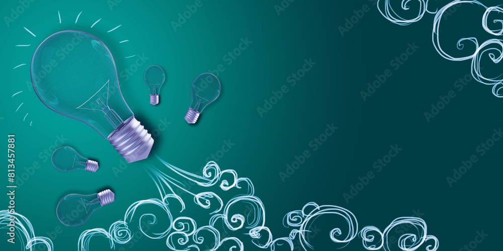Poster creative flying light bulb sketch on blue backdrop with mock up place. start up ideas, innovation an
