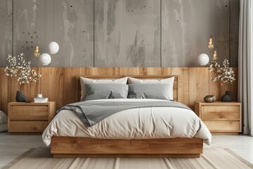 Wooden bed and bedside tables against concrete wall.
