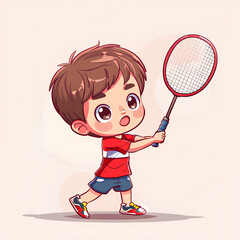 Young Boy Playing Badminton, Simple Off-white Background with Copy Space