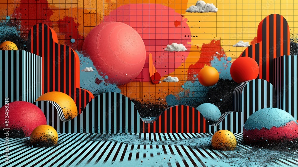 Poster utilizing the geometric patterns of the backdrop, create a dynamic composition with a product placem
