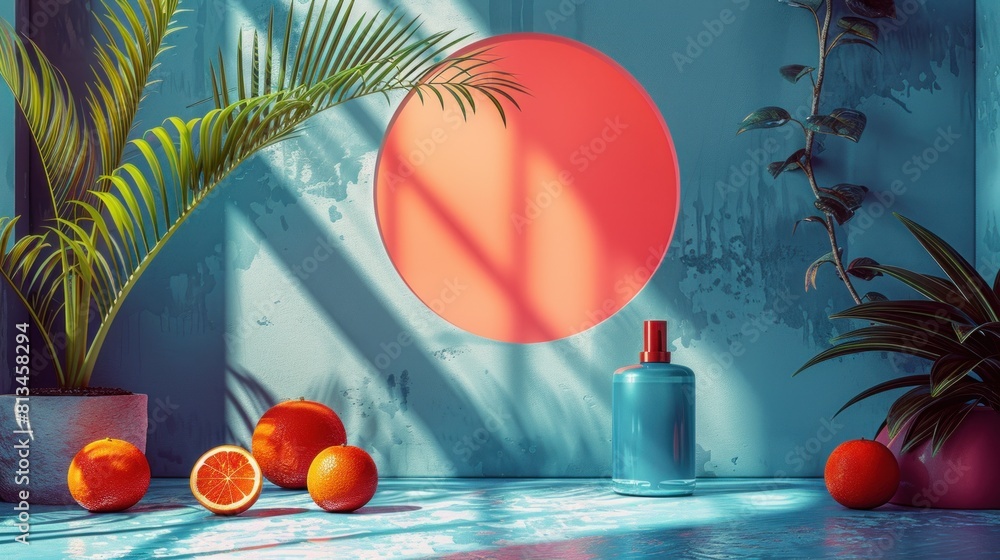 Poster utilizing the geometric patterns of the backdrop, create a dynamic composition with a product placem