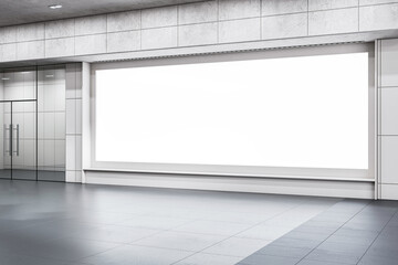 Modern commercial corridor with blank billboard for advertising, set in a minimalist design with concrete and glass elements. 3D Render