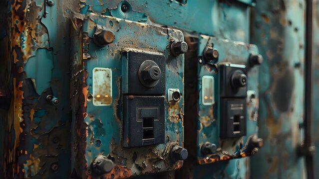 Closeup of an aged electrical distribution system. Concept Electrical Distribution System, Closeup Photography, Aged Components