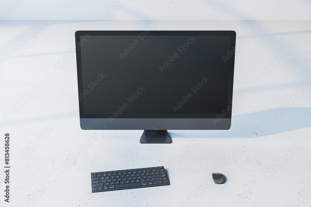 Poster Close up of empty mock up computer monitor on light backdrop. Minimalistic designer desktop concept. 3D Rendering.