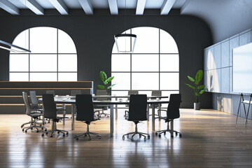 Modern meeting room interior with panoramic windows and city view, round table and wooden flooring....