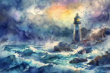 Generative ai on theme of large retro lighthouse with beam of bright light shining out to blue sea