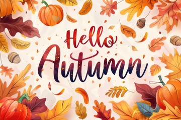 Autumnal 'Hello Autumn' Calligraphy Surrounded by a Rich Tapestry of Fall Leaves, Acorns, and Berries