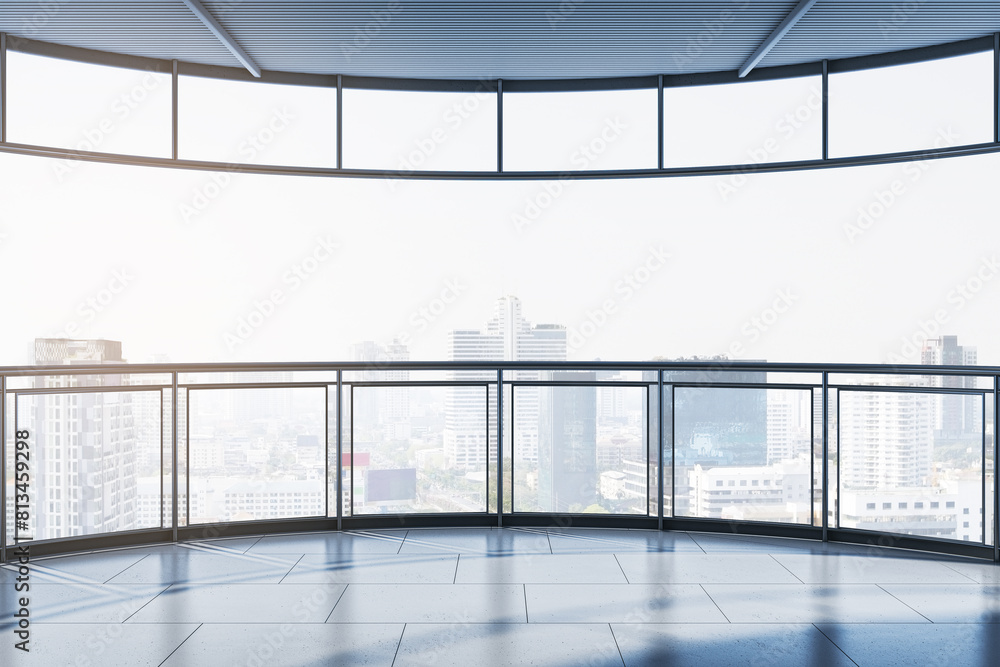 Poster empty modern spacious balcony with glass railings and mock up place, bright city view. 3d rendering.