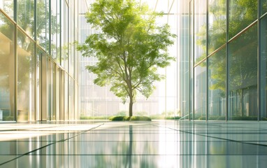 Eco friendly sustainable business building and ceramic floor with indoor green tree in sunlight