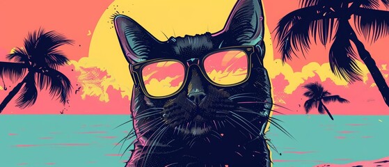 Futuristic illustration Pop art color of a cat wearing sunglasses at the beach, painted in solid color and fashioned as a kawaii template sharpen with copy space