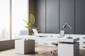 Clean gray office interior with window and city view. 3D Rendering.