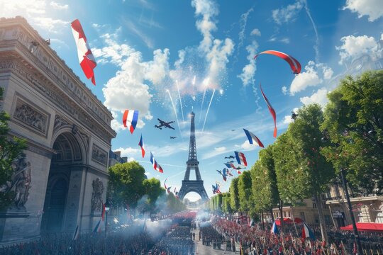 Bastille Day celebrations in Paris with a military parade and fireworks at the Eiffel Tower