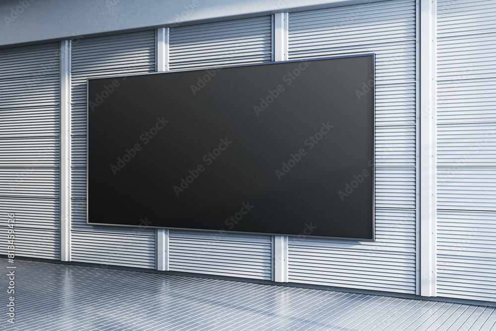 Poster empty gray linear blinds gallery wall with large mock up banner. museum concept. 3d rendering.