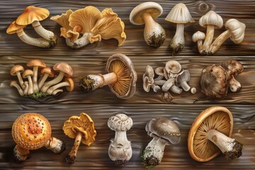 Assortment of Mushrooms on a Wooden Surface, Natural Earthy Qualities Showcased in Warm Light